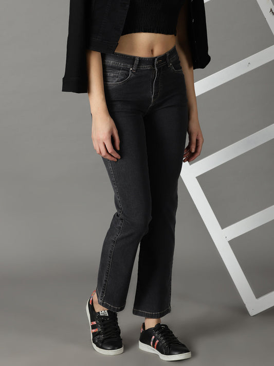 Women's Grey Straight Fit Acid Wash Stretchable Jeans