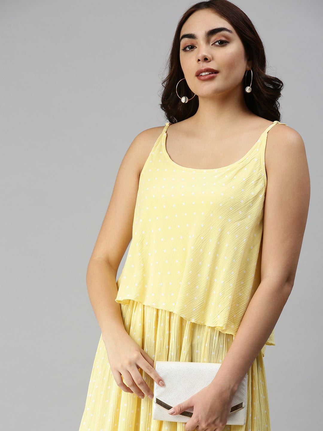 Women's Shoulder Straps Self Design Maxi Yellow Dress