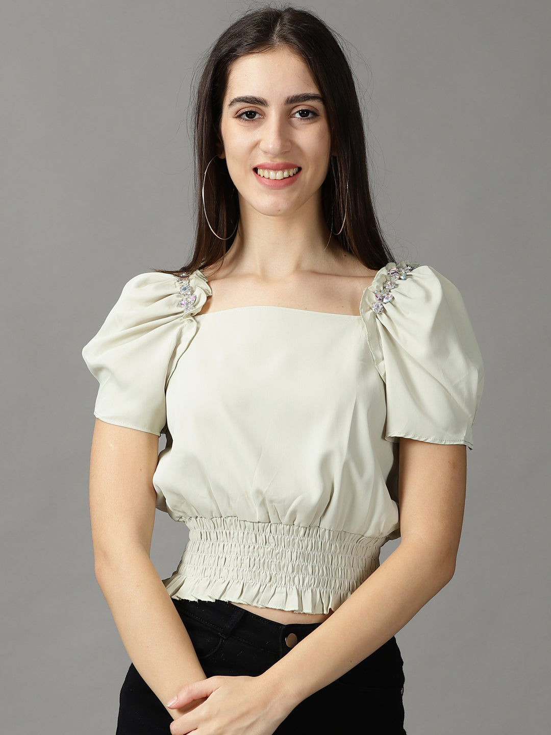 Women's Green Studded Blouson Crop Top
