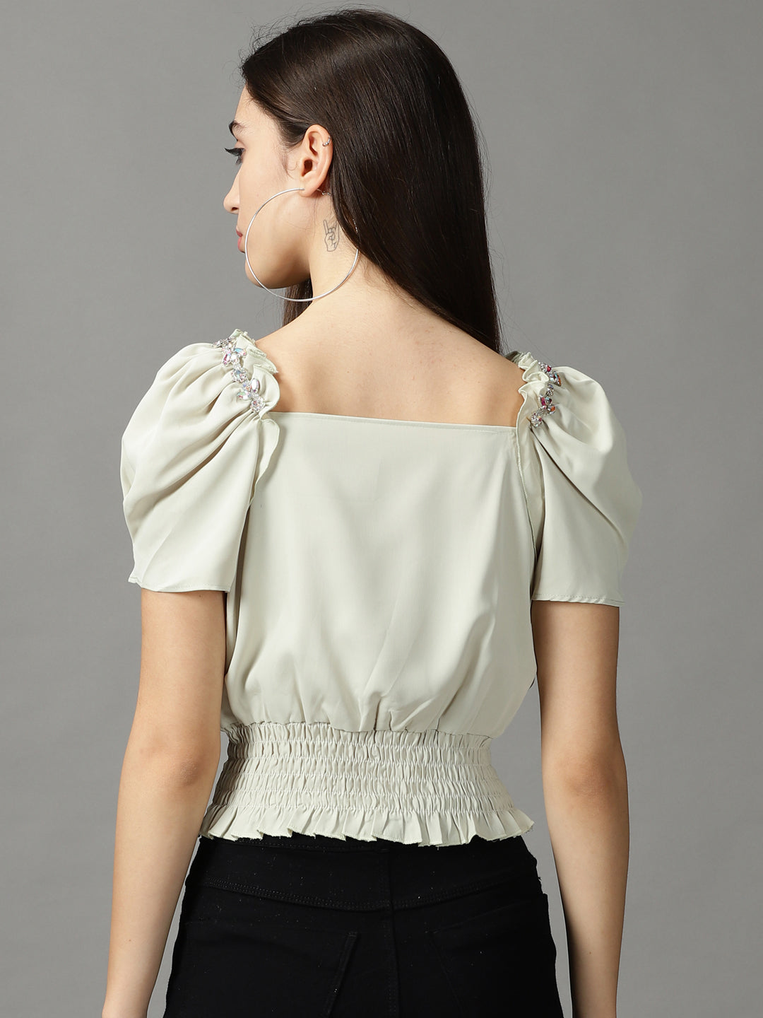 Women's Green Studded Blouson Crop Top