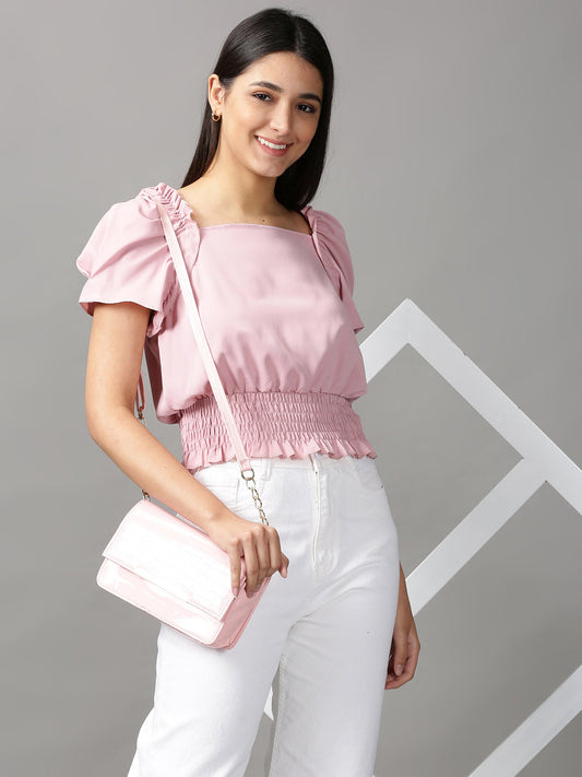 Women's Pink Studded Blouson Crop Top