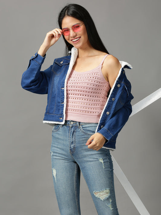 Women's Pink Lace Shoulder Straps Fitted Crop Top