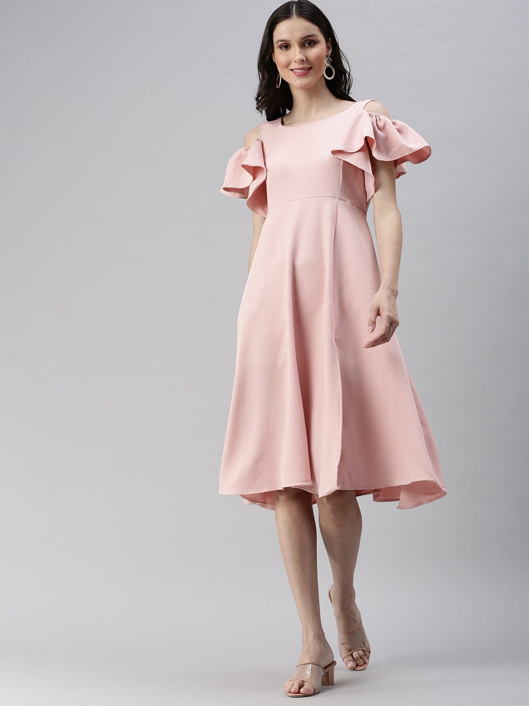 Women's Solid Fit and Flare Pink Dress