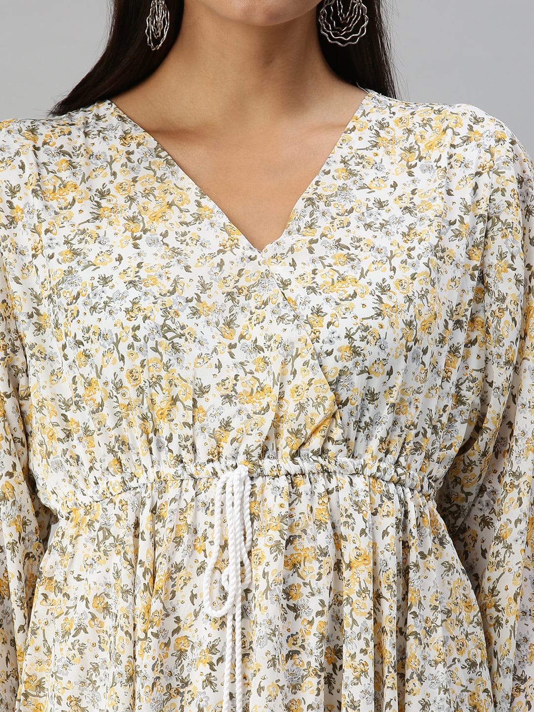 Women's V-Neck Printed Kaftan White Dress