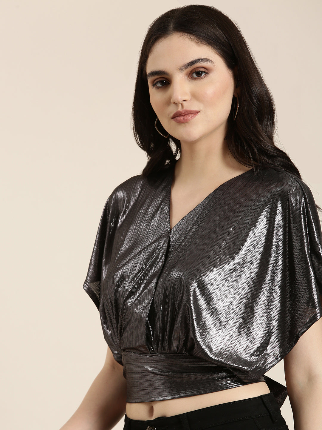 Women's Metallic Extended Sleeves Styled Back Crop Top