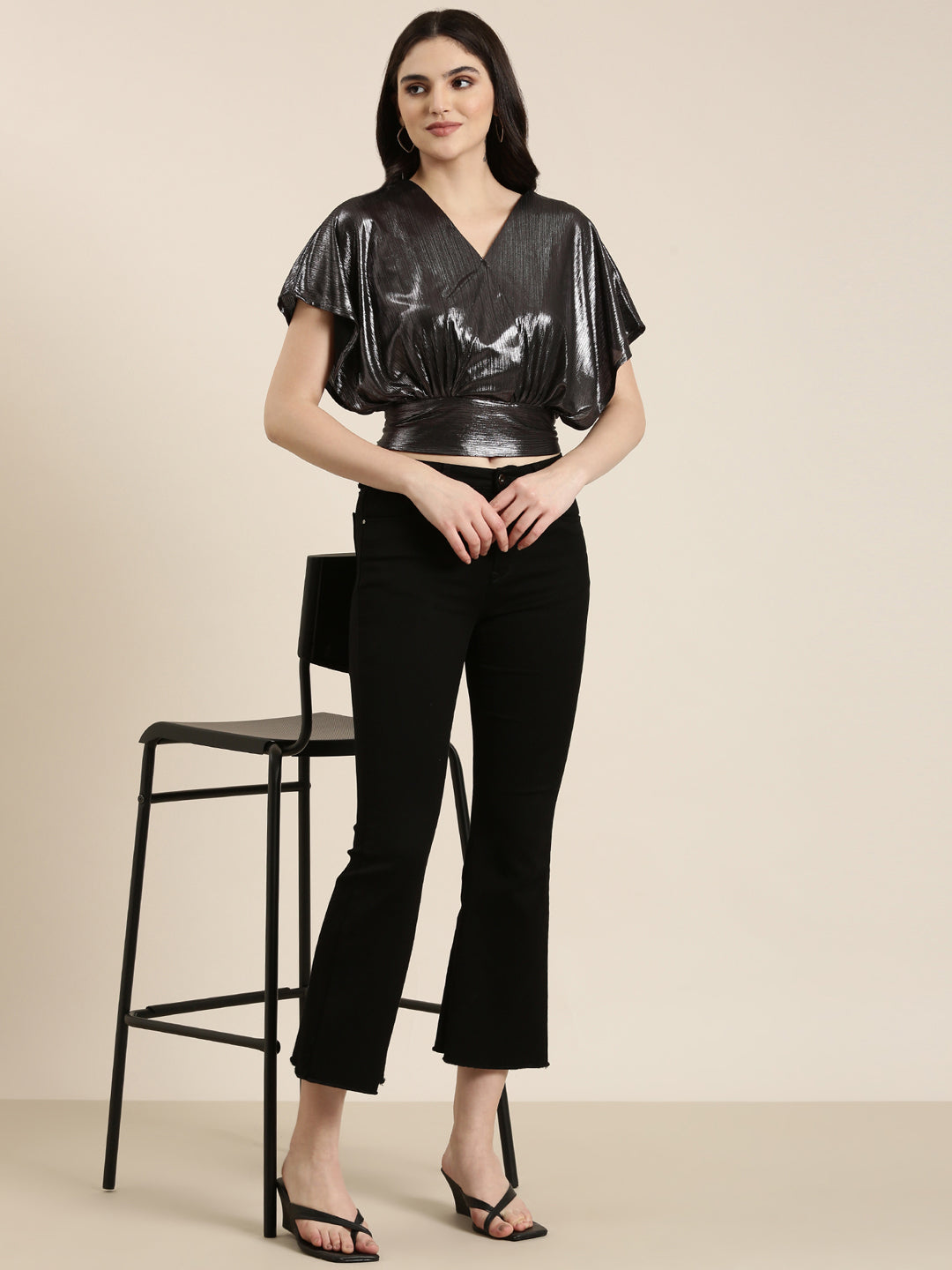 Women's Metallic Extended Sleeves Styled Back Crop Top
