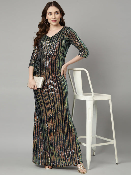 Women's Teal Embellished Maxi Party Wear Dress