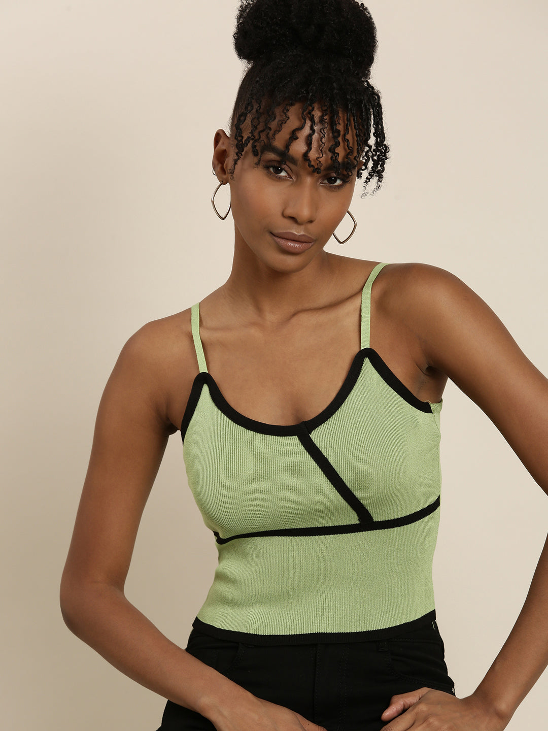 Women's Green Ribbed Shoulder Straps Crop Tank Top