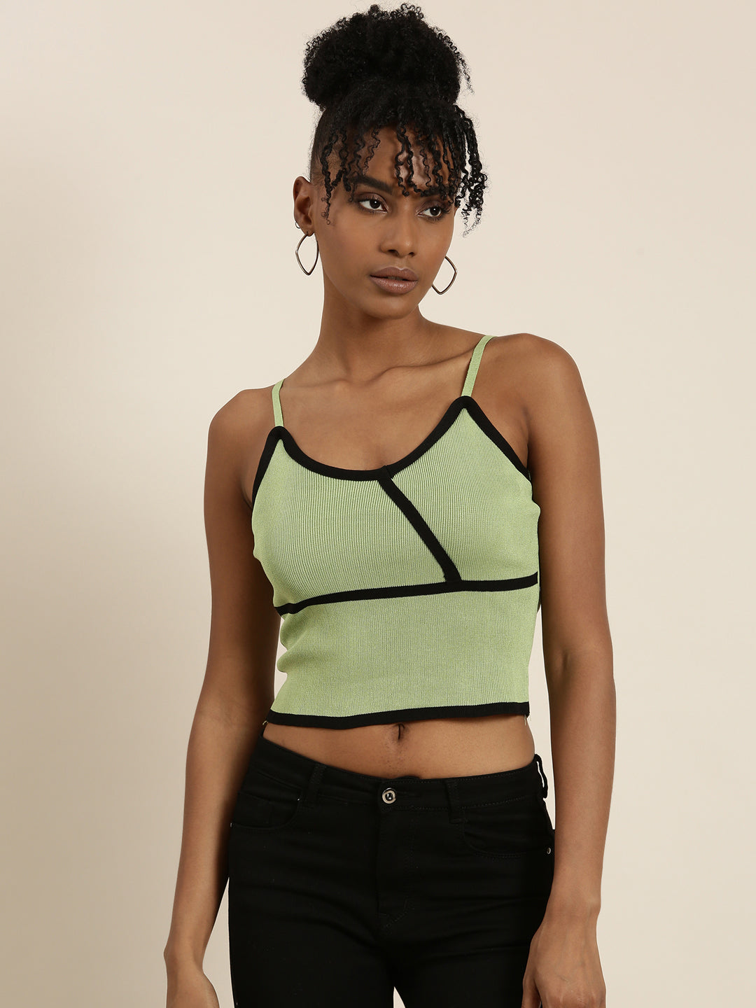 Women's Green Ribbed Shoulder Straps Crop Tank Top