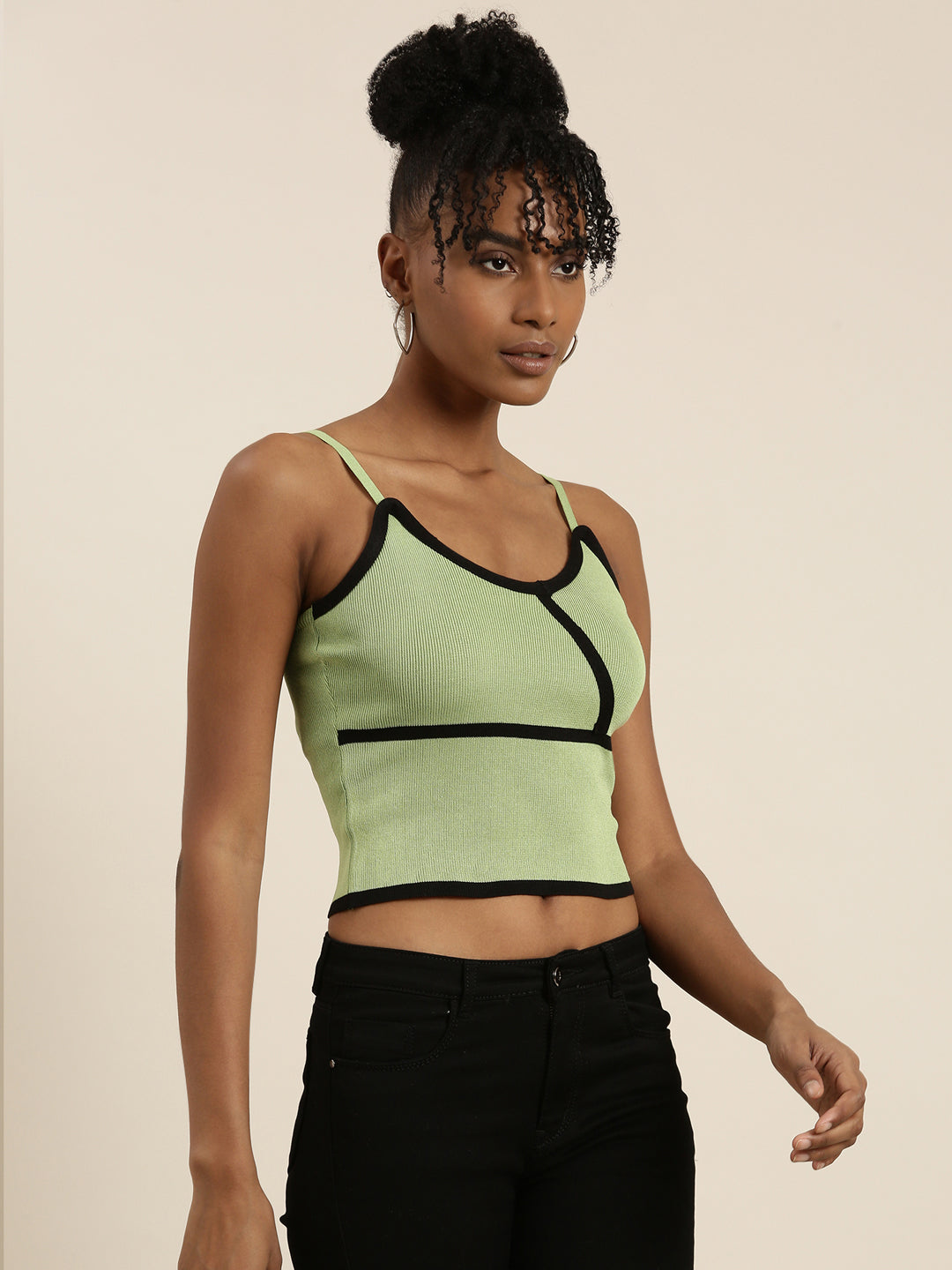 Women's Green Ribbed Shoulder Straps Crop Tank Top
