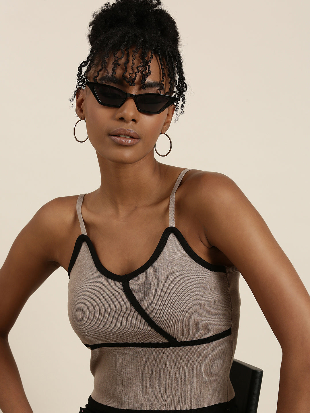 Women's Taupe Shoulder Straps Fitted Crop Top