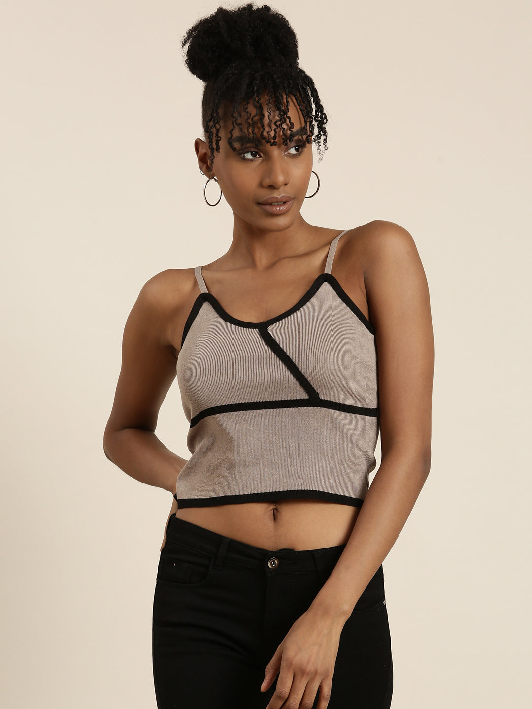 Women's Taupe Shoulder Straps Fitted Crop Top