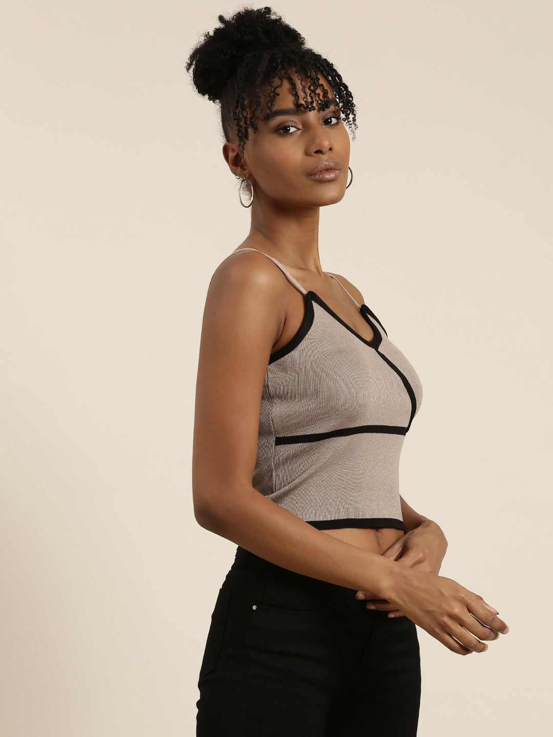 Women's Taupe Shoulder Straps Fitted Crop Top