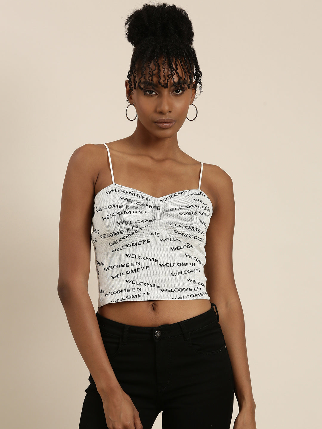 Women's Grey Shoulder Straps Typography Printed Fitted Top